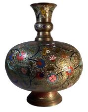 Large Brass Etched Enameled Colorful Water Pot Birds Flowers 12” India VGC picture