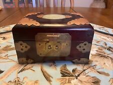 Vintage Shanghai China Wood Jewelry Box with Carved Jade Medallion On Top picture