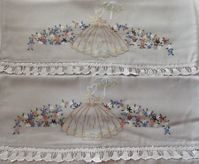 HAND EMBROIDERED COLONIAL LADY PILLOWCASES~WITH ANTIQUE HAND CROCHET LACE~NEW picture