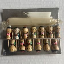 Vintage Set of 13 Wooden Kokeshi Doll Cake Candle Holders + Candles picture