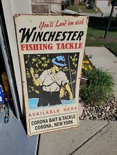 Vintage Winchester Fishing Tackle Sign Metal Corona New York Boat Lake Bait RARE picture