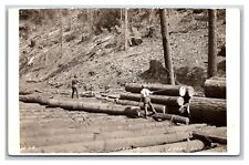 TWAIN HARTE California RPPC~ Lumberjacks moving logs at Lyons Dam 1910c picture