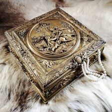 Antique Victorian Brass Cherub Romance 1800s Courtship Jewelry Trinket Box picture