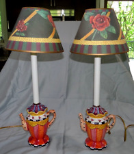 MACKENZIE CHILDS Set of 2 Pair Teapot Table Lamps w/ Rose Shades picture