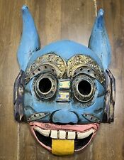 Vintage Handmade Wooden Carved Mask  With Jewels And Horns picture