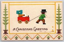 Ellen H Clapsaddle Christmas Cross Stitch~Boy Pulls Sister In Red Wagon~Trees picture