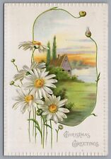 c 1910 Antique Christmas Card Postcard Daisies Cabin Lake Raphael Tuck Limited picture
