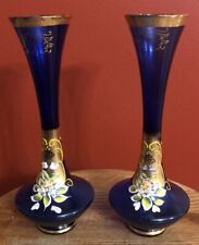 2 Ucagco Japan Cobalt Blue 9” Glass Vases with a Hand Painted Floral Design picture