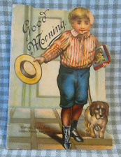 Antique GOOD MORNING Raphael Tuck Card Booklet~Little Poem Stories Schoolboy Dog picture