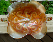 Antique Marigold Iridescent Carnival Glass Compote Bowl With Handles And Octopus picture