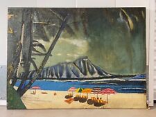 🔥 Antique Old Early Hawaiian Pre-Statehood WPA Oil Painting, Diamond Head 1920s picture