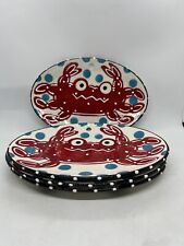 Clay Chick Ceramics Festive Red Crab & Polka Dot Plates NWOT Set of 4 picture