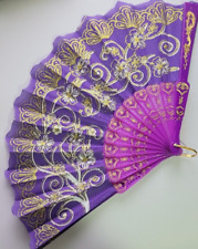 Gold & Purple Large Lace Floral Folding Hand Held Plastic Chinese Fan picture