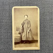 CDV Photo Antique Portrait Girl in Checkered Hoop Skirt Dress Wearing a Ring OH picture