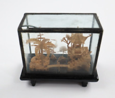 Vintage Mini Chinese Carved Cork Diorama In Glass Case Cranes Collectible picture