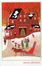 Vintage Christmas Card:  Greeting Guest with Gifts Primative Snow Scene picture