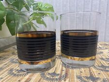 VTG MCM Mid Century Modern Gold Black Stripe Lowball Whisky Bar Glass SET of 2 picture