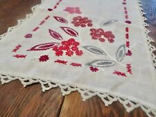 Vintage Dresser Scarf/ Table/ Buffet Runner Red Embroidery Crochet Edge  12