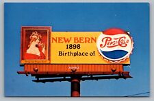 New Bern NC Pepsi Cola Billboard Advertisement Girl Bottle Cap Postcard Vtg F6 picture