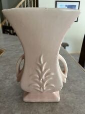 VTG 1940's McCoy Matte Pink Double Handled Motif Leaves Vase 8