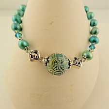 Celtic Knot Raku beaded bracelet w/ Teal blue freshwater pearls & Swarovksi bead picture