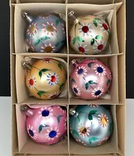 Vintage Hand Painted Floral / Flowers Christmas Tree Balls ~ POLAND ~ Box of 6 picture