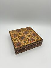 Vintage Hand Carved Stained Floral Locking Wooden Trinket Box With Key picture