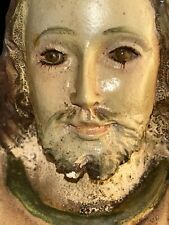 Antique Carved Jesus Religious Statue Glass Eyes Eyelashes 19c Painted Wood 18” picture