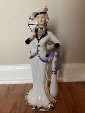 Vintage KPM Blue and White w/ Gold Trim Woman w/ Umbrella Porcelain Figurine picture