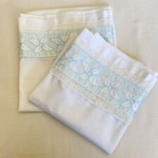 Vintage White Pillowcase Set 2 Standard Embroidery Blue Floral No Iron Lace READ picture