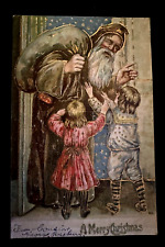 Long Brown Robe Santa Claus with Children~Antique~Christmas Postcard~h900 picture