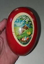 Early German Paper mache red Easter Egg Candy container With rabbit and chick  picture