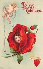 Embossed Fantasy Valentine Postcard 261. Girl's Face in Red Poppy Flower picture