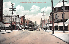 c.1910 Stores & Trolley Huguenot St. New Rochelle NY postcard Westchester county picture