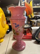 Antique Victorian Bristol Pink Cased Ruffle Top Glass Enamel Vase 12 3/8