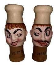 Vtg S&P shakers Suzette & Pierre snarky CHEF Salt & Pepper Wood & Ceramic picture