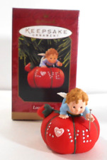 LOVE TO SEW Hallmark Ornament Angel on Pin Cushion Holding Pin 1997 Vintage picture