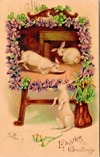 Easter Greetings Three Large White Bunnies Red Eyes Violets UDB. P.U. 1907 N-264 picture
