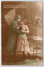 French Soldier With Prostitute Sexy Woman Hand Tinted Photo WW1 RPPC Postcard I9 picture