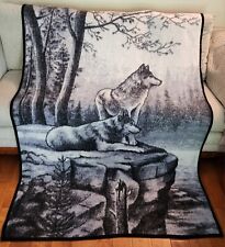 Vintage Biederlack Gray Blanket Wolf Wolves Reversible Acrylic Throw USA 54x74 picture