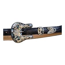 Designer Al Beres USA Southwestern Nickel Silver Inlay Concho Leather Belt Sz 27 picture