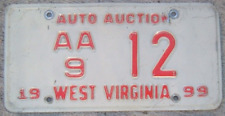 WEST VIRGINIA 1999 AUTO AUCTION  license plate with registration on back AA9 12 picture