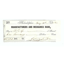 1852 Manufacturers and Mechanics Bank Check Philadelphia, PA Issued picture