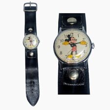 Vtg Disney Mickey Mouse Watch Leather Strap Yellow Hands 3010 2470 Manual Wind  picture