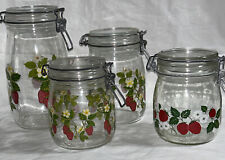 Vintage Arc Strawberry & Floral Glass Canister Storage Set of 4 Hinged Lids VGC picture