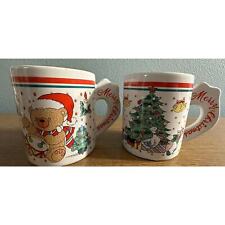 Vintage 1980s Enesco Merry Christmas Mug Set Teddy Bear Drumming & Goose Mugs picture
