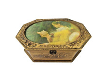 VTG Jewelry Music Box Gold Wood Fabric Lid Girl Reading Plays Somewhere My Love picture
