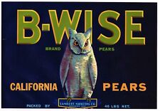 ORIGINAL PEAR CRATE LABEL VINTAGE B WISE OWL SCARCE SACRAMENTO C1930S picture