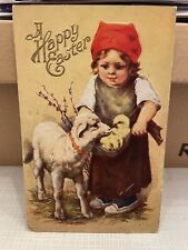 Embossed Happy Easter Greetings Postcard Child Girl Lamb Chicks C6 picture