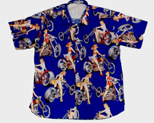 VNTG PIN UP GIRLS ON MOTORCYCLES BUTTON UP SHIRT XL MENS, TOWERING GENIUS, USA picture